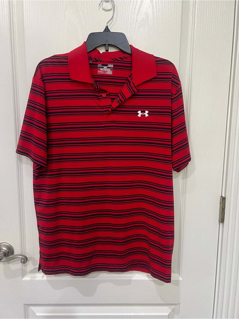 Under Amour Men’s Red and Navy Striped Polo Shirt Size: Large